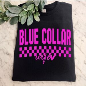 blue collar wife shirt cute popular trending retro black and pink checkered